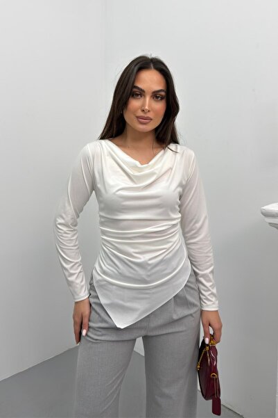 spirituel Women's Blouse Draped Long Sleeve Degaje Collar Asymmetrical Cut Sa...