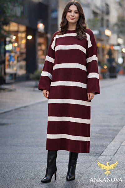 ANKANOVA Women's Standard Size Loose Comfortable Cut Casual Modern Striped Kn...