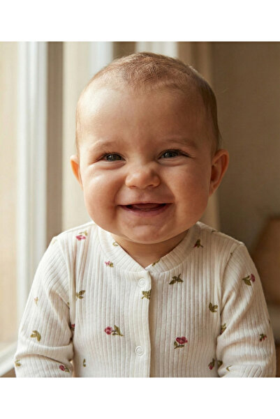 Noone Baby Floral Patterned Ribbed Cotton Snap Romper