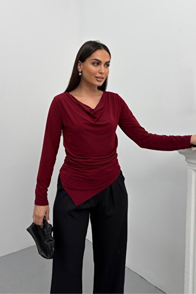 spirituel Bluză de damă drapat cu mânecă lungă, guler tip Degaje, croială asi...