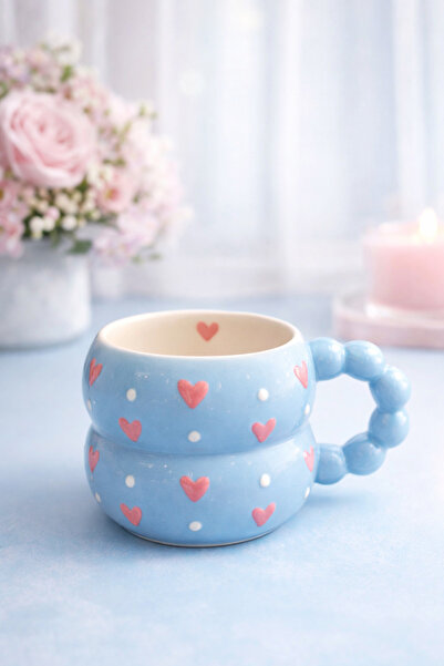 İZart Blue with Pink Dots Heart Pattern Custom Embossed Fully Handmade Cerami...