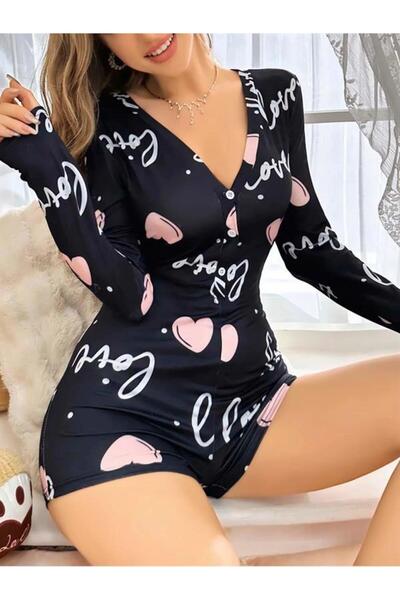 M MERC Giyim Black Heart Patterned Love Written Buttoned Jumpsuit Pajamas