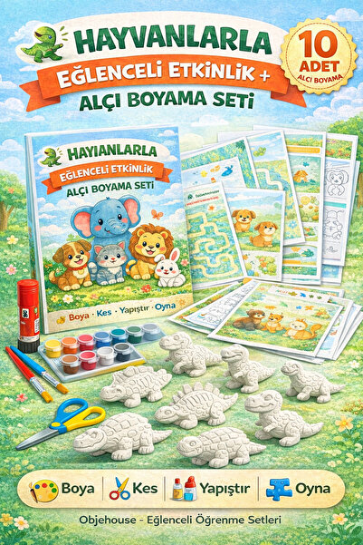 objehouse Hayvanlarla Eğlenceli Etkinlik ve Alçı Boyama Seti – 10 Adet Alçı, ...