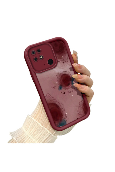 SLIMFELT Redmi 10C Uyumlu Bordo Renkli Çiçek Desenli Kılıf Silikon Şok Absorb...