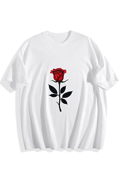 MIXSNOW Men Printed Cotton T-Shirt - A red rose with diamond leaves