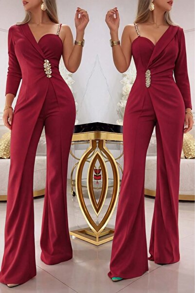 Kanonik Education Women's One-Shoulder Long Sleeve Collared Jumpsuit with Sid...