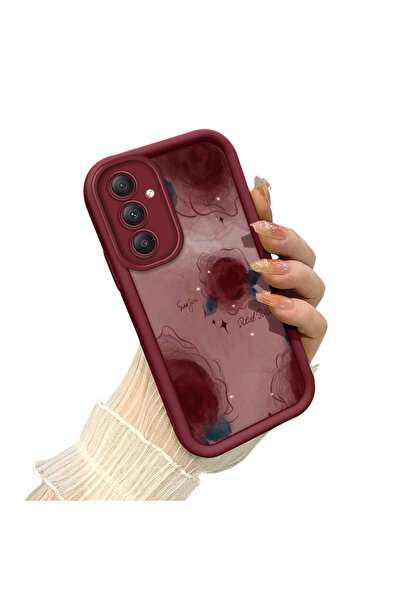 SLIMFELT Samsung Galaxy A34 5G Uyumlu Bordo Renkli Çiçek Desenli Kılıf Siliko...