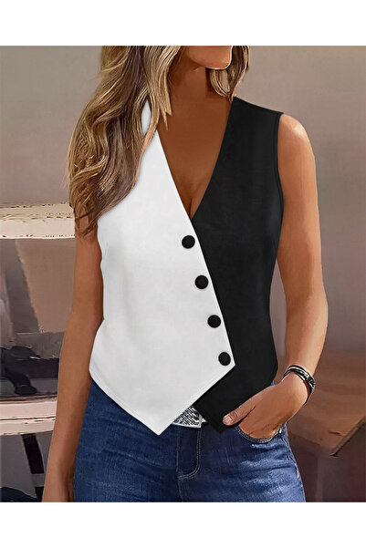 Kanonik Education Women's Zero Sleeve V-Neck Buttoned Colorblock Atlas Vest