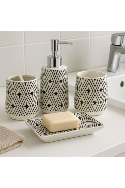 Generic Ceramic Bathroom Accessories Set with Geometric Pattern (4 Pieces)