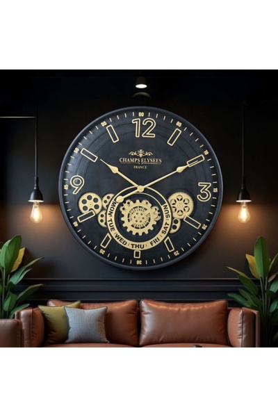 Arabamakss Wall Clock with Wheel Design, Gold Color, Detailed, 59 cm