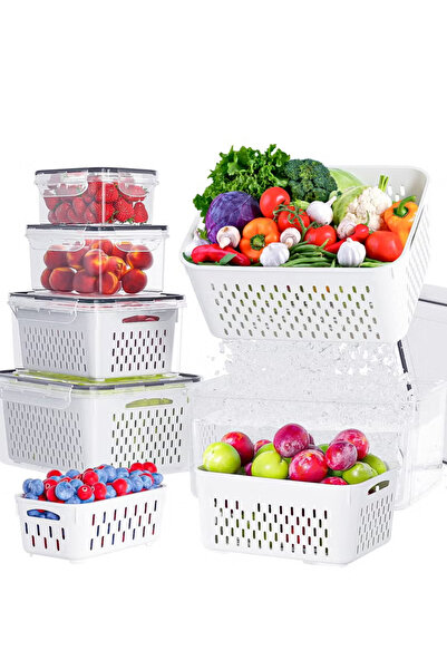 Generic 5-Piece Fridge Organizer with Removable Draining Colanders and Lid，Fr...