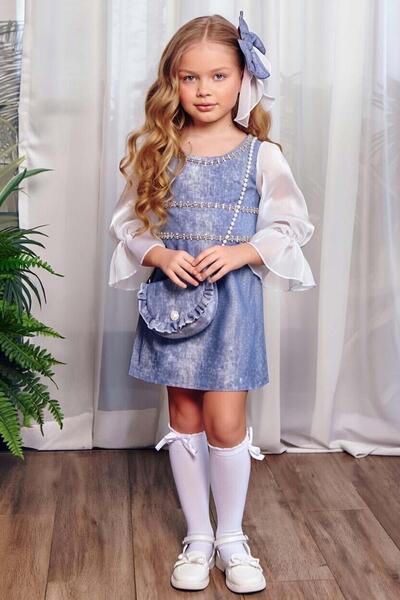 Riccotarz Girl's Blue Denim Dress with Horizontal Stone Stripe Embroidery on ...