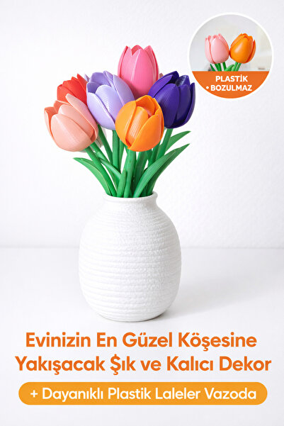 edoy Plastik Lale Çiçek (1 Adet) – Solmaz Bozulmaz Yapay Dekor, Vazo Dahil De...