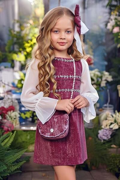 Riccotarz Girl's Horizontal Stone Stripe Embroidered Sleeves Burgundy Denim D...