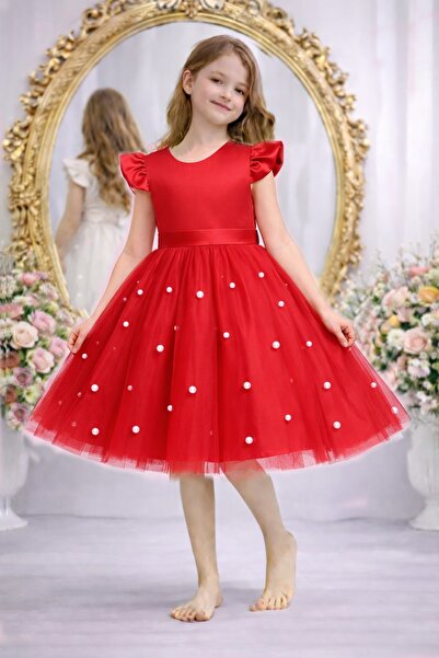 SUNEH Κοριτσίστικο φόρεμα με κόκκινο βολάν μανίκια και σατέν υφή, βραδινό φόρ...