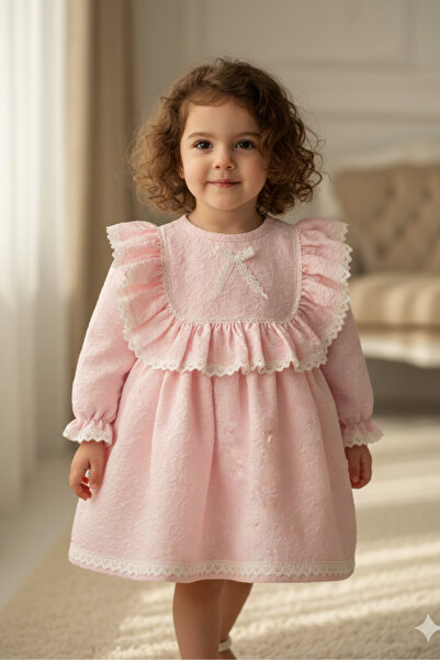 Bertuğ Bebek Lace and Ruffle Embossed Crepe Pink Girls' Baby Dress