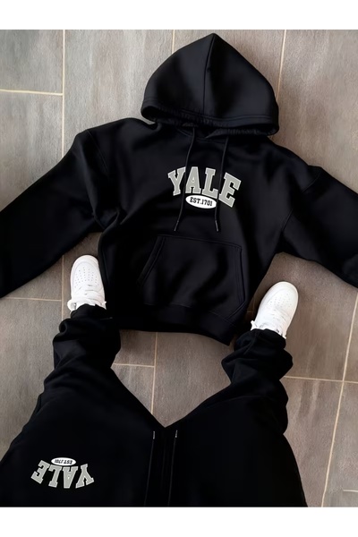 AEMİ Unisex Yale Printed Hooded Sweatshirt and Jogger Sweatpants - Top and Bo...