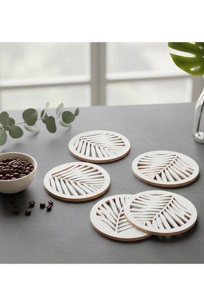 İHRA Set of 4 Bohemian Leaf Wooden Coasters - Coffee Corner Accessory - Natur...