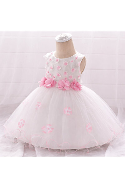 kizu Elegant white dress with pink flowers for girls 0–3 months
