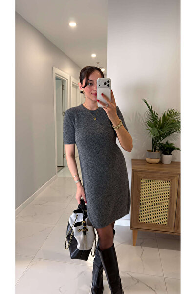 BİRCANÇİL Dlvin Nusa Dark Smoked Melange Short Sleeve Soft Textured Dress