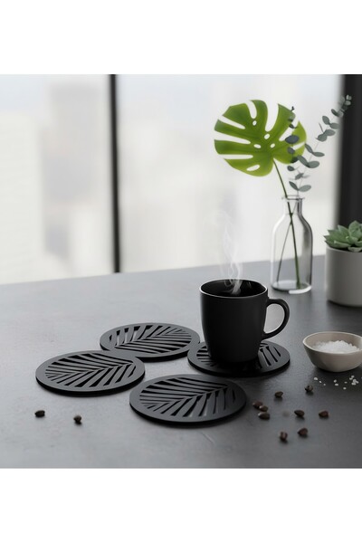 İHRA Set of 4 Bohemian Leaf Wooden Coasters - Coffee Corner Accessory - Natur...