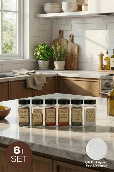 Vienev Set of 6 Black Lidded Square Glass Spice Jars with Labels - Salt and P...