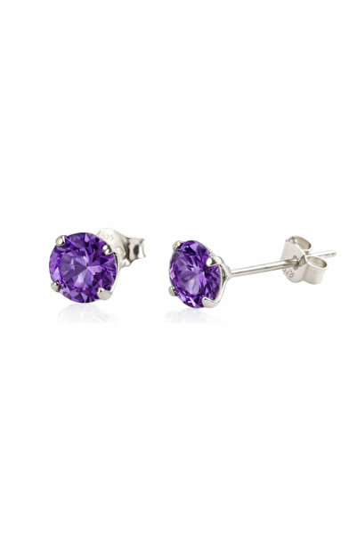 Brezza Lusso Jewelry 925 Ayar Tektaş Ametist Gümüş Kadın Küpe 6 MM