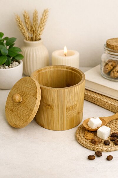 tutku home Kapaklı Bambu Şekerlik Kavanoz - 10 Cm