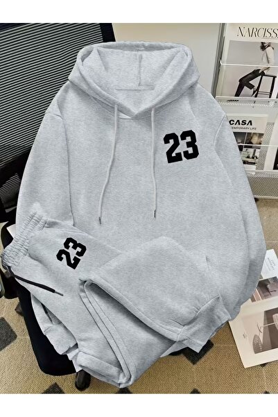 AEMİ Unisex 23 Printed Hooded Sweatshirt and Jogger Sweatpants - Bottom Top Set