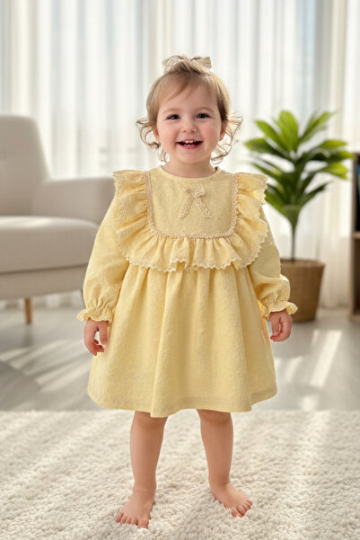 Bertuğ Bebek Lace and Ruffle Embossed Crepe Yellow Girls' Baby Dress