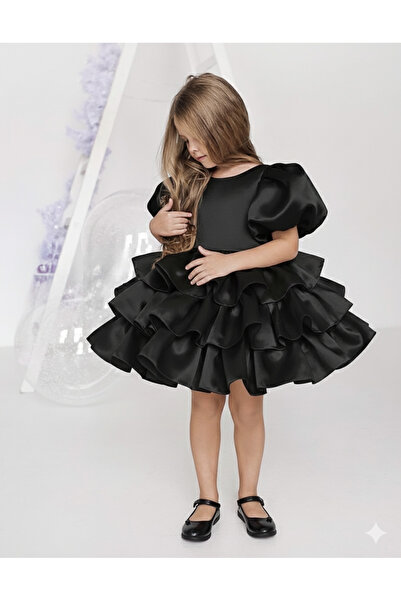 Asel Kids Rochie din satin cu mâneci bufante și volane, pentru ocazii special...