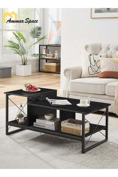Ammar Space Center Table, Wood 2-Tier Coffee Table with Storage Shelf for Liv...