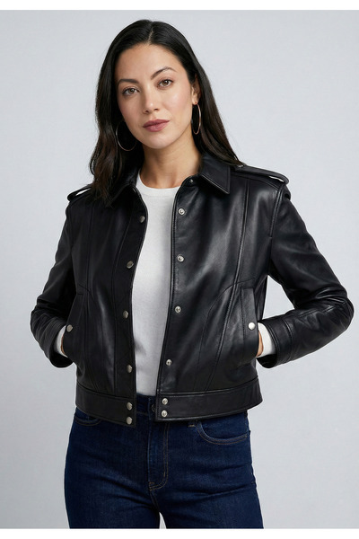 Felix Hardy Women's Black Genuine Leather Snap Button Short Jacket - Black