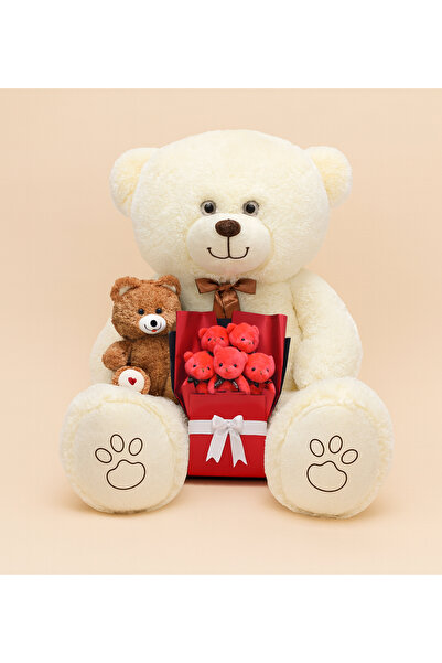 Pababo Aşk Dolu Hediye Seti – 120 cm Dev Peluş Ayı, 25 cm Peluş Ayıcık ve Pel...