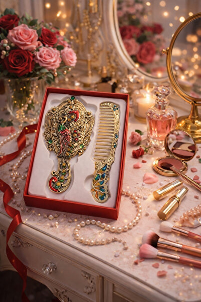 seymenbıçakçılık Motifli El Aynası & Tarak Seti | Vintage Gold Şık Tasarım | ...