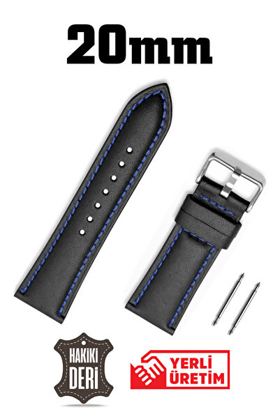 Saatse 20mm Black Navy Blue Stitched Genuine Leather Watch Band Strap