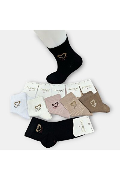 Anemon Socks Pamuklu Kalp Desenli Taşlı Çorap 12 Çift