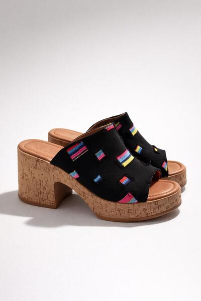 Preshley Women's Silva Black Denim Fabric Cork Sole Orthopedic Platform Heel ...