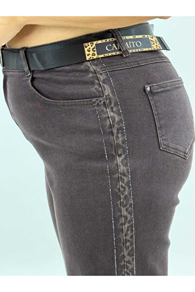 carmito Plus Size Denim Mom Belted High Waist Stone Detailed Women's Trousers