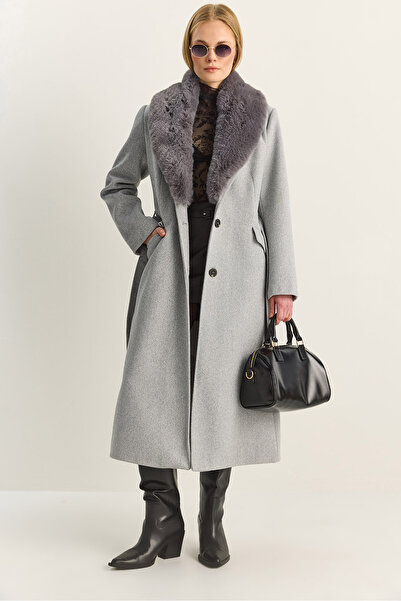 Bianco Lucci Women's Portable Faux Fur Collar Belted Lined Pocket Detailed Lo...