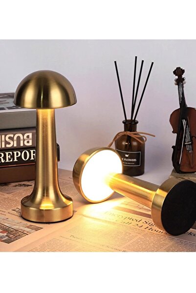 AUTA Mantar Masa Lambası Gold Renk Kablosuz Şarjlı Dokunmatik 3 Renk Led