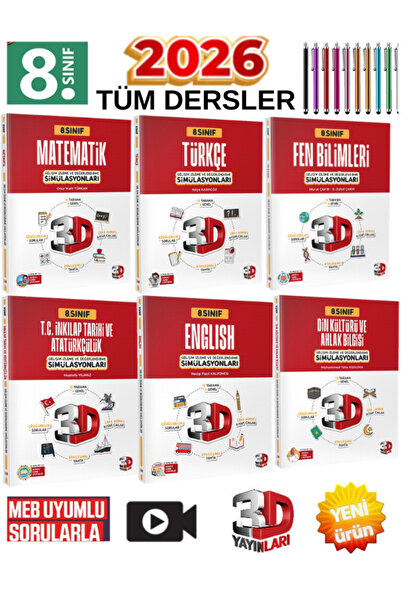 Üç Dört Beş Yayıncılık 3D 2026 8.Sınıf Tüm Dersler (M-T-F-İ-D-İ) 6 Kitap Simü...