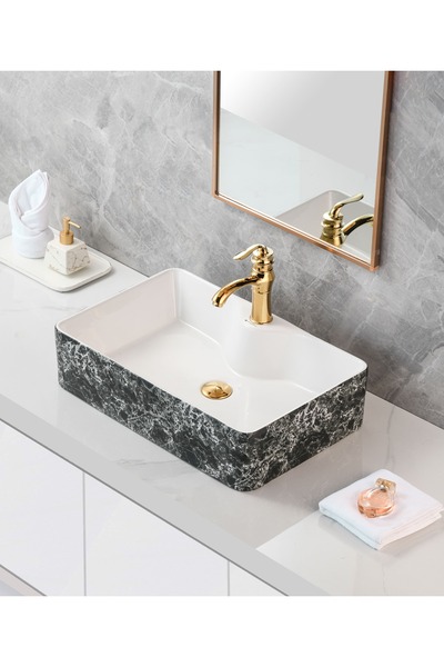 harmeh PRAG 3009 SİYAH MERMER DESENLİ TEZGAH ÜSTÜ LAVABO 60X40X14CM