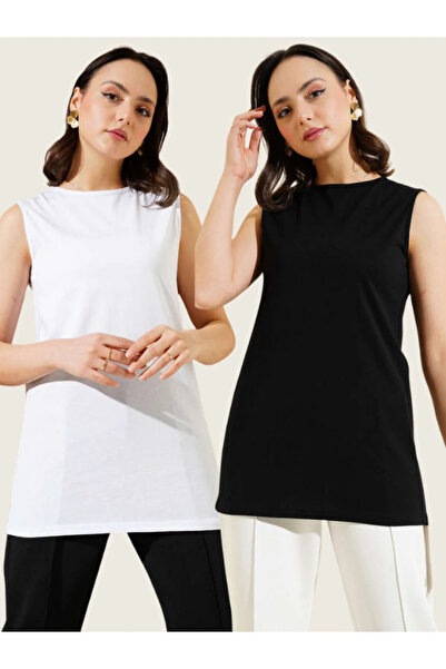 Rawanda 2-Pack Black-White Women's Sleeveless Oversized Undershirt Blouse