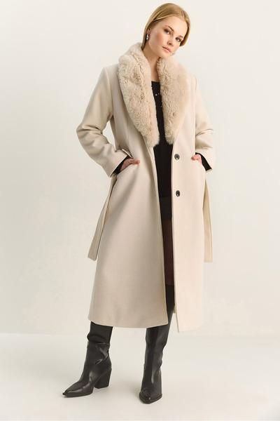 Bianco Lucci Women's Portable Faux Fur Collar Belted Lined Pocket Detailed Lo...