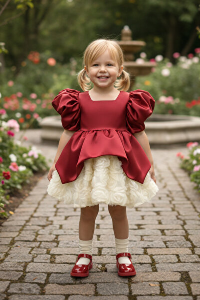 Bertuğ Bebek Ecru Rose Red Satin Puffy Girls' Baby Evening Dress