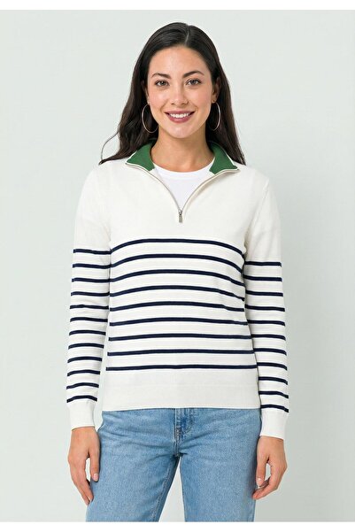 Felix Hardy Women's Half-Zip Striped Sweater - Ecru