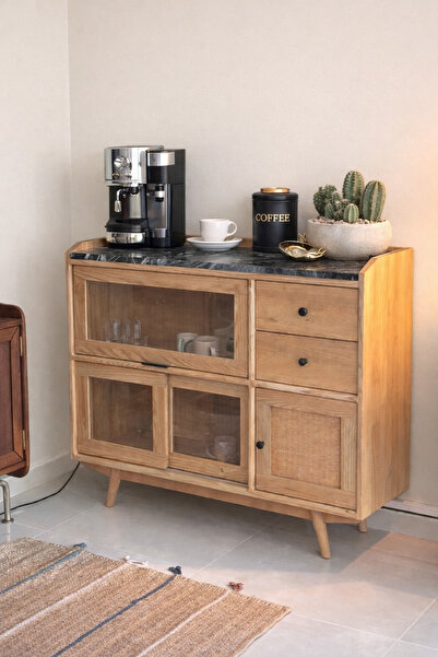 MadamWood Kestane Masif Premium Kahve kçşesi – Cam Kapaklı, Çekmeceli, Mermer...