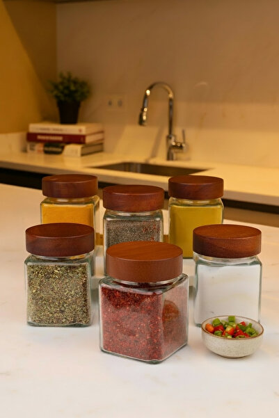 zezedesing 6-Piece Vacuum Glass Spice Jar Set with Acacia Lids 300 ml - Premi...