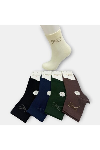 Anemon Socks Pamuklu Kurdele Desenli Taşlı Çorap 12 Çift